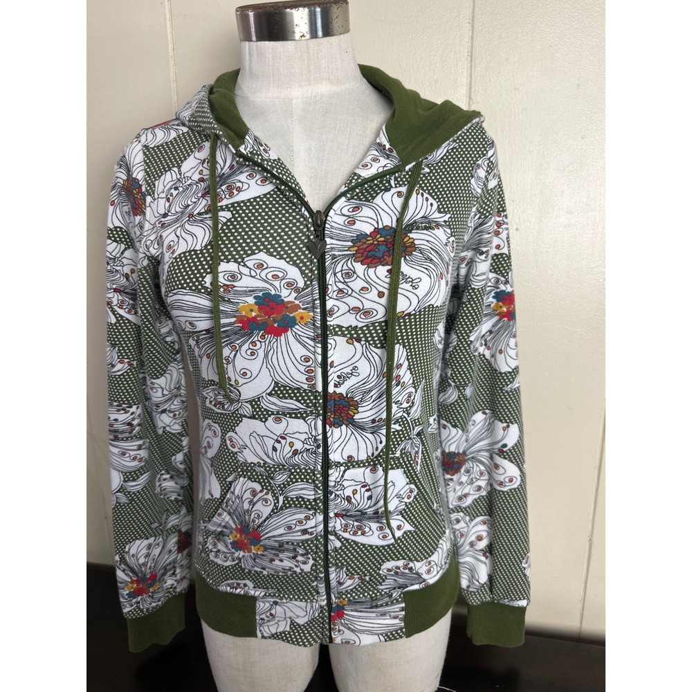 Ezekiel Womens Olive Green Floral‎ Polka Dot Full Zip Hoodie XS Graphic Jacket